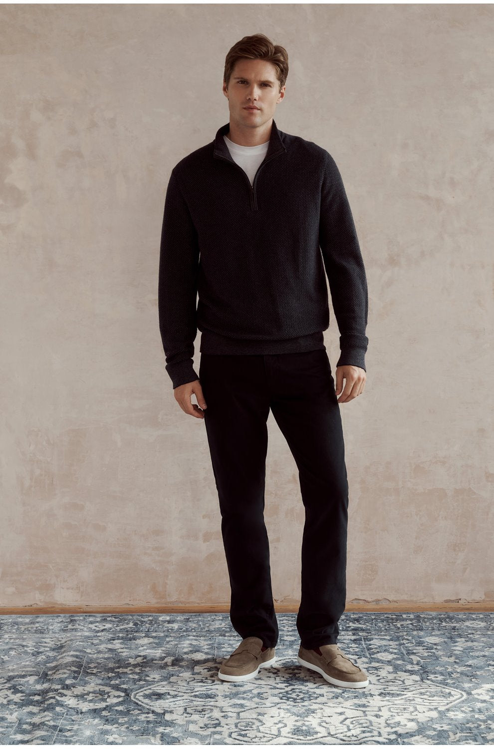 Geo Jacquard Quarter Zip Sweater in Coastal Blue Heather Grey