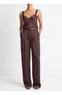 Satin Mid Rise Wide Leg Pleated Trouser In Dark Fig