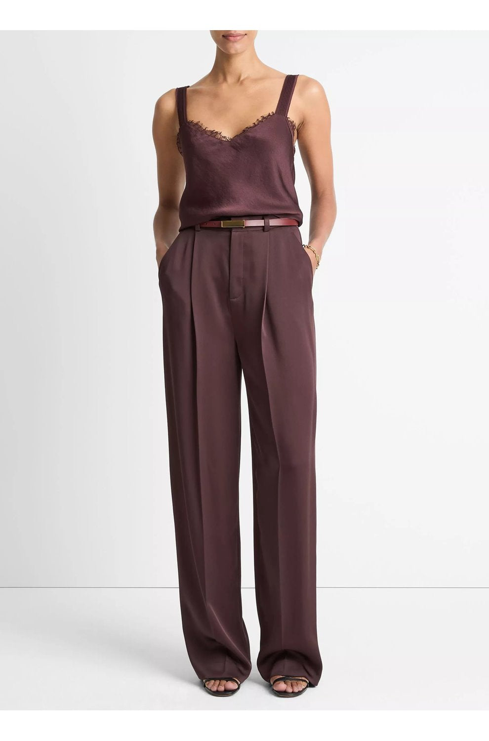 Satin Mid Rise Wide Leg Pleated Trouser In Dark Fig