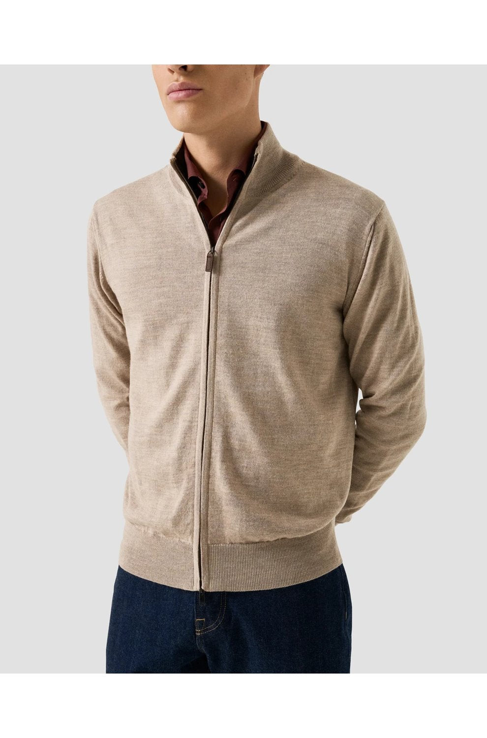 Merino Zip Knit Cardigan in Beige