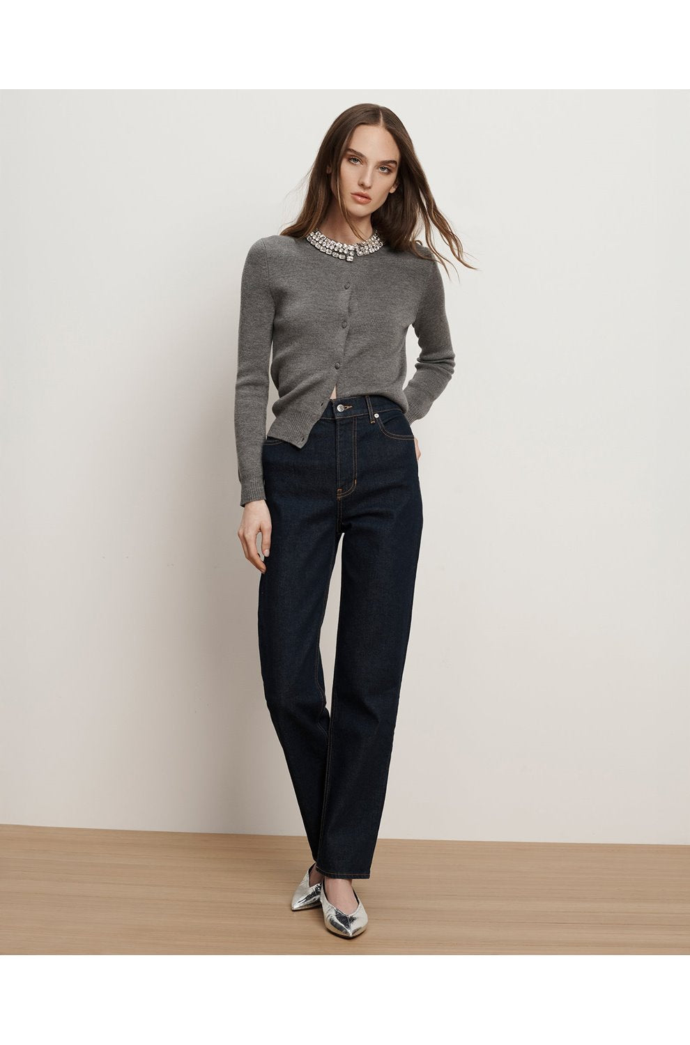 Daro Crystal Embellished Cardigan in Dark Heather Grey
