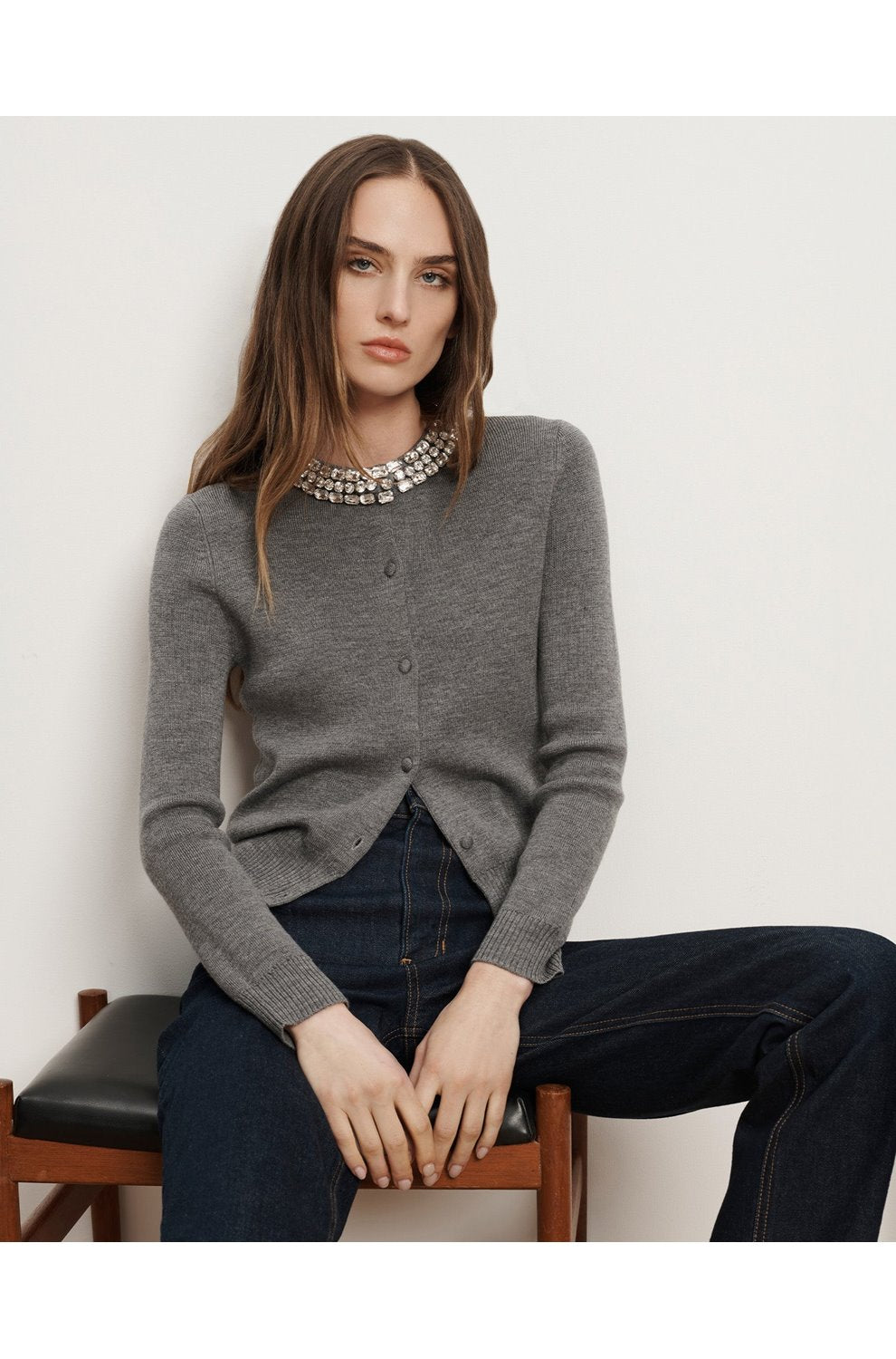 Daro Crystal Embellished Cardigan in Dark Heather Grey
