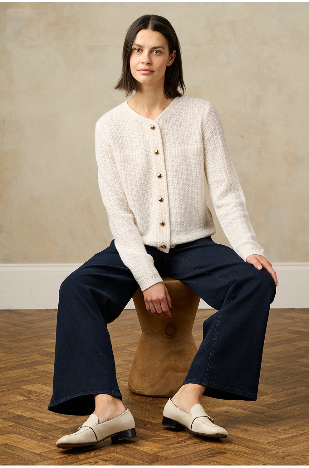 Gold Button Cardigan in White