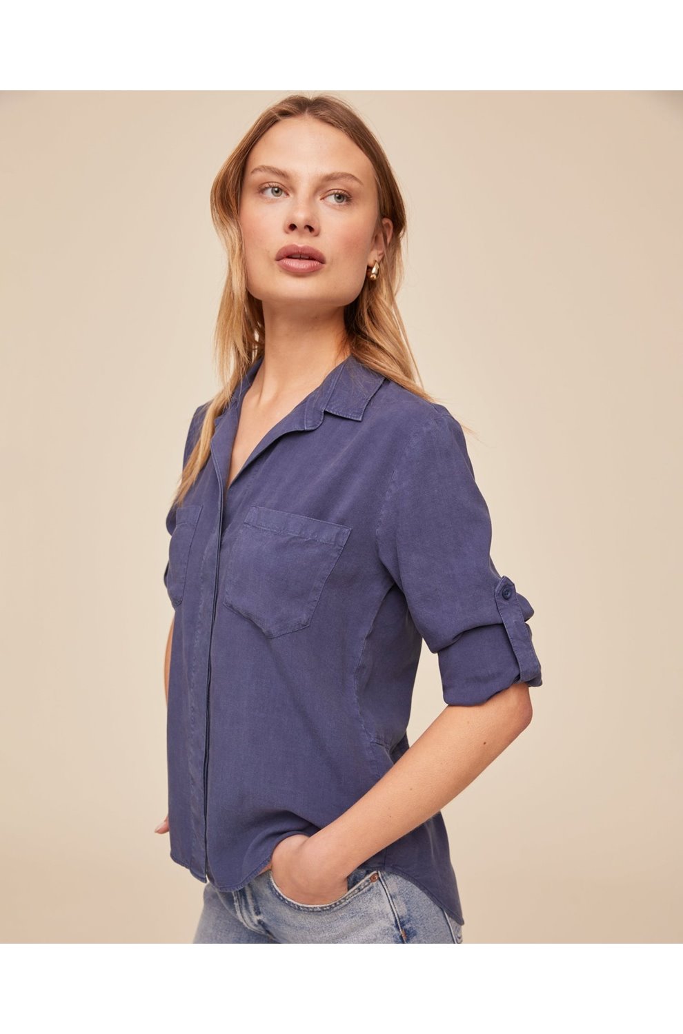Split Back Button Down Shirt in Midnight Surf