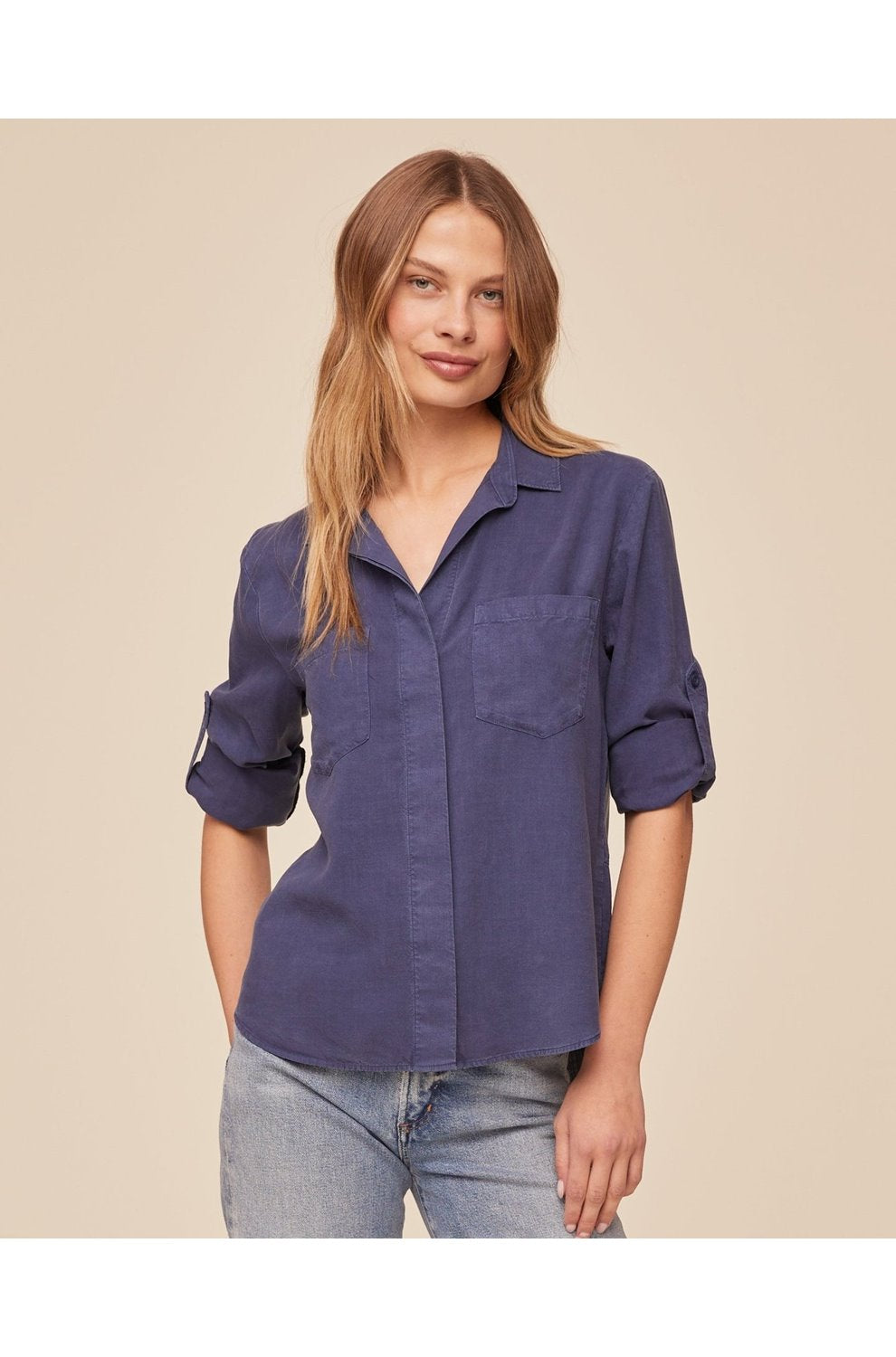 Split Back Button Down Shirt in Midnight Surf