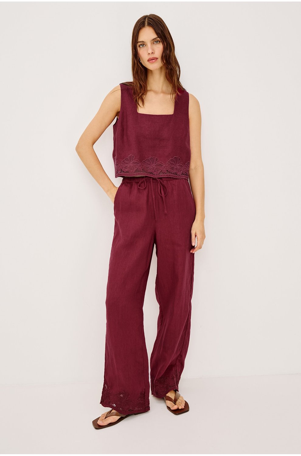Emmie Trouser in Berry Hibiscus Embroidery