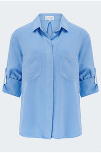 Split Back Button Down Shirt in Tidal Blue