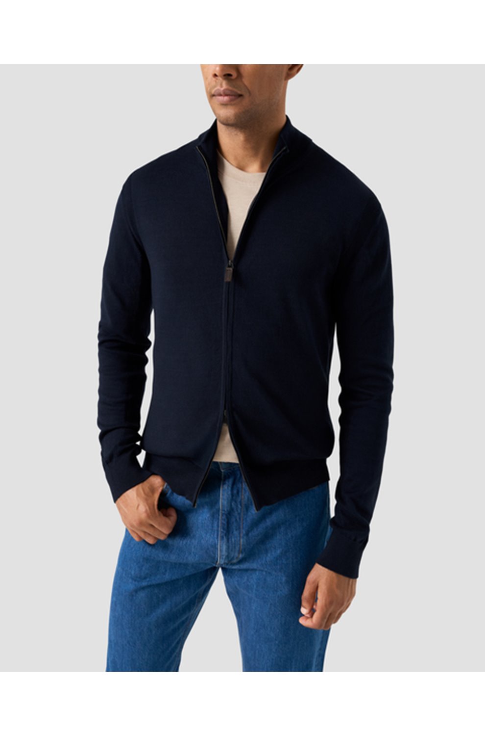 Cotton Full Zip Knit Cardigan in Navy Blue