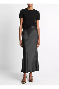 Satin Side Slit Slip Skirt in Black
