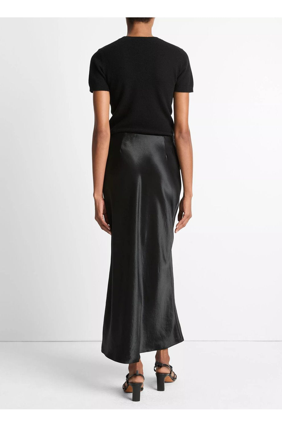 Satin Side Slit Slip Skirt in Black
