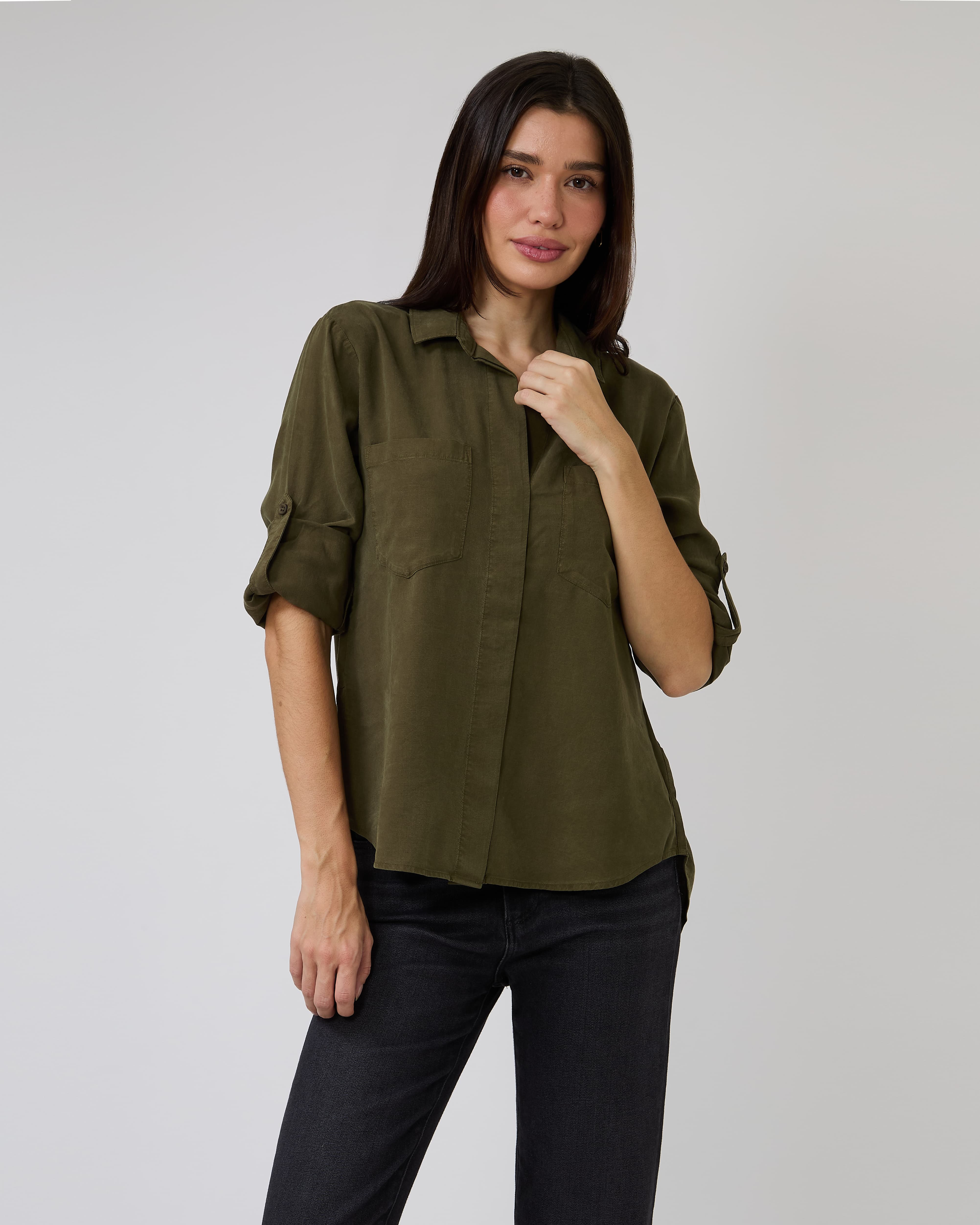 Split Back Button Down Shirt in Olive Night
