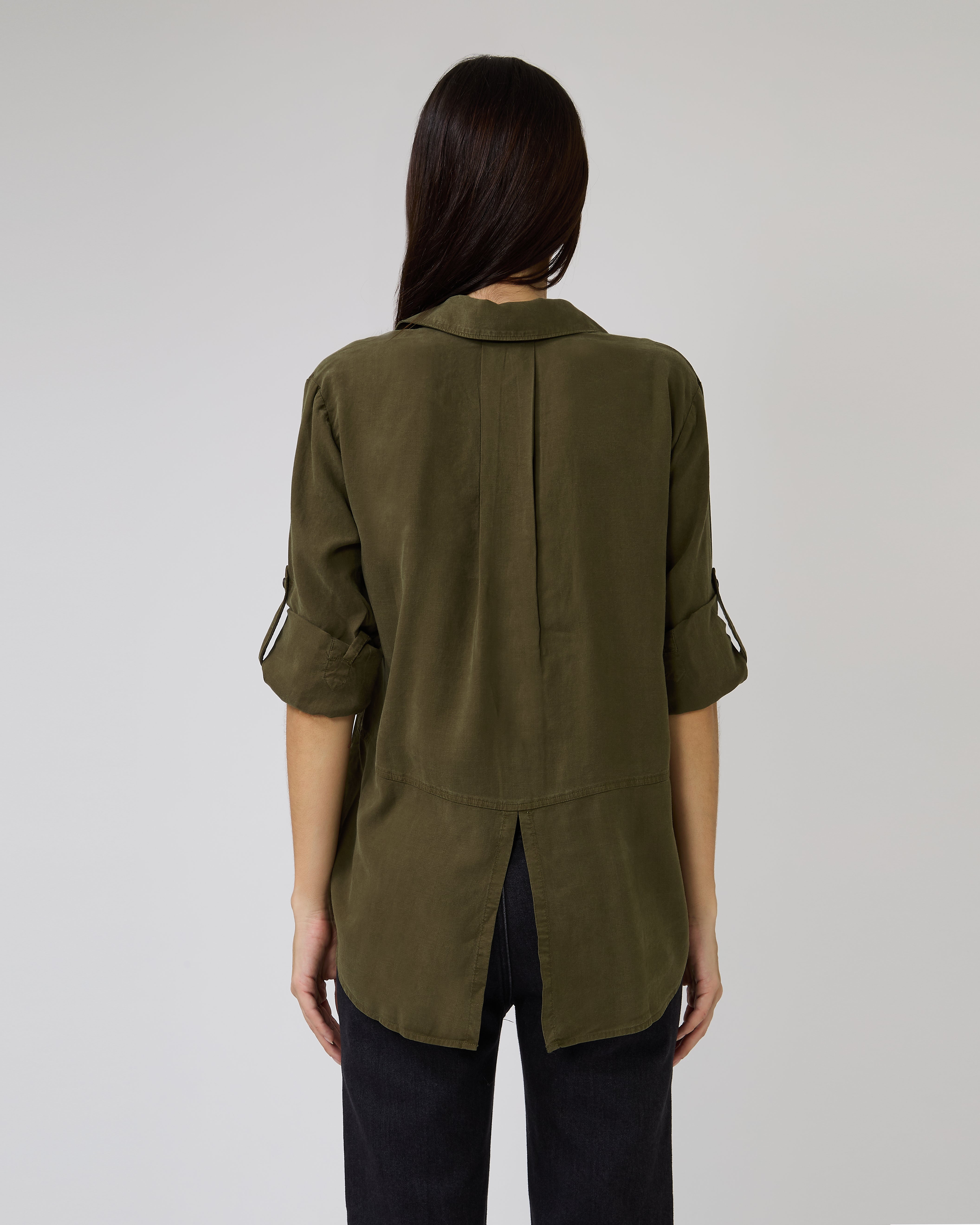 Split Back Button Down Shirt in Olive Night