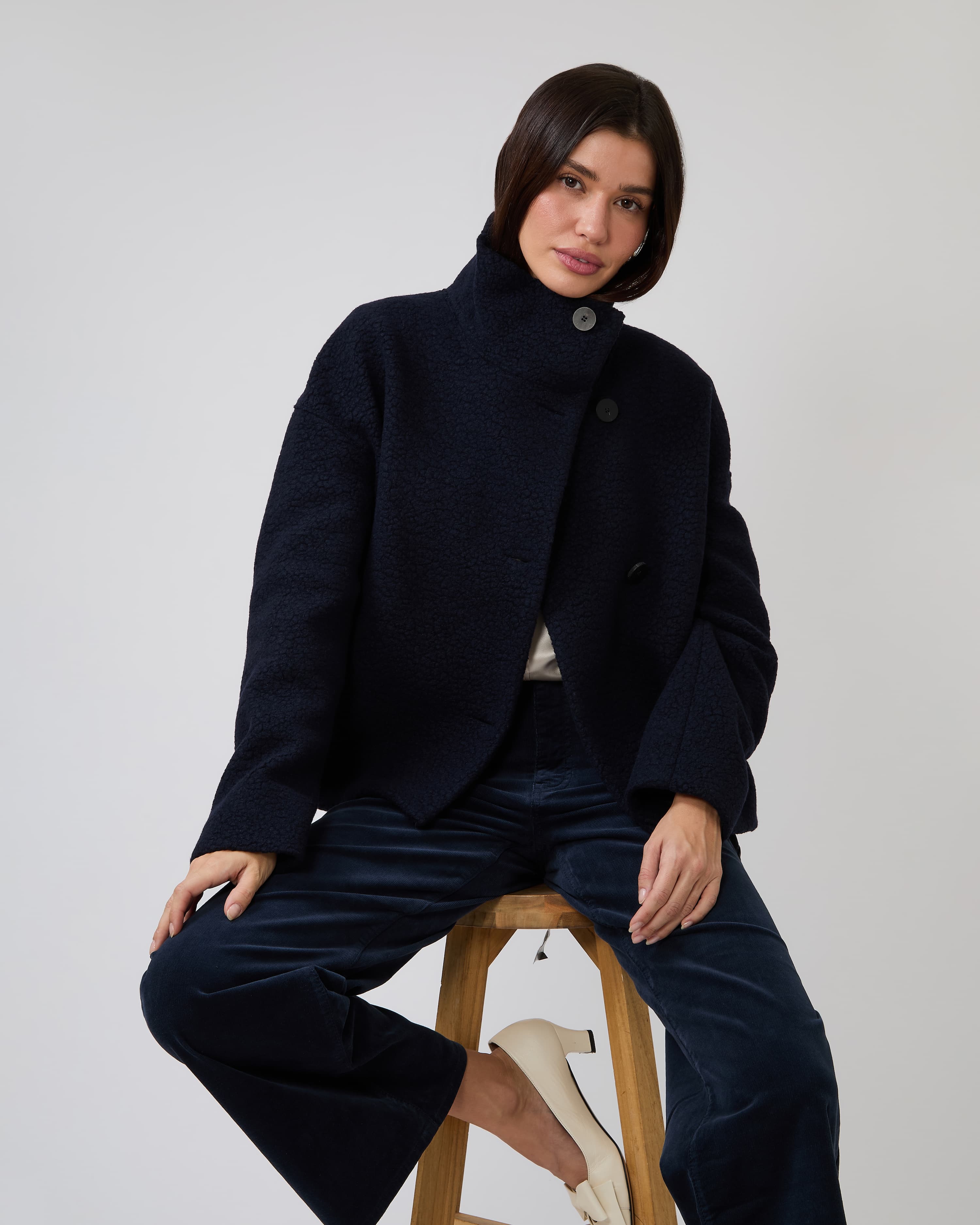 Cropped Funnel Neck Jacket in Navy Boucle