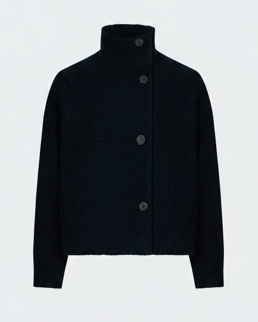 Cropped Funnel Neck Jacket in Navy Boucle