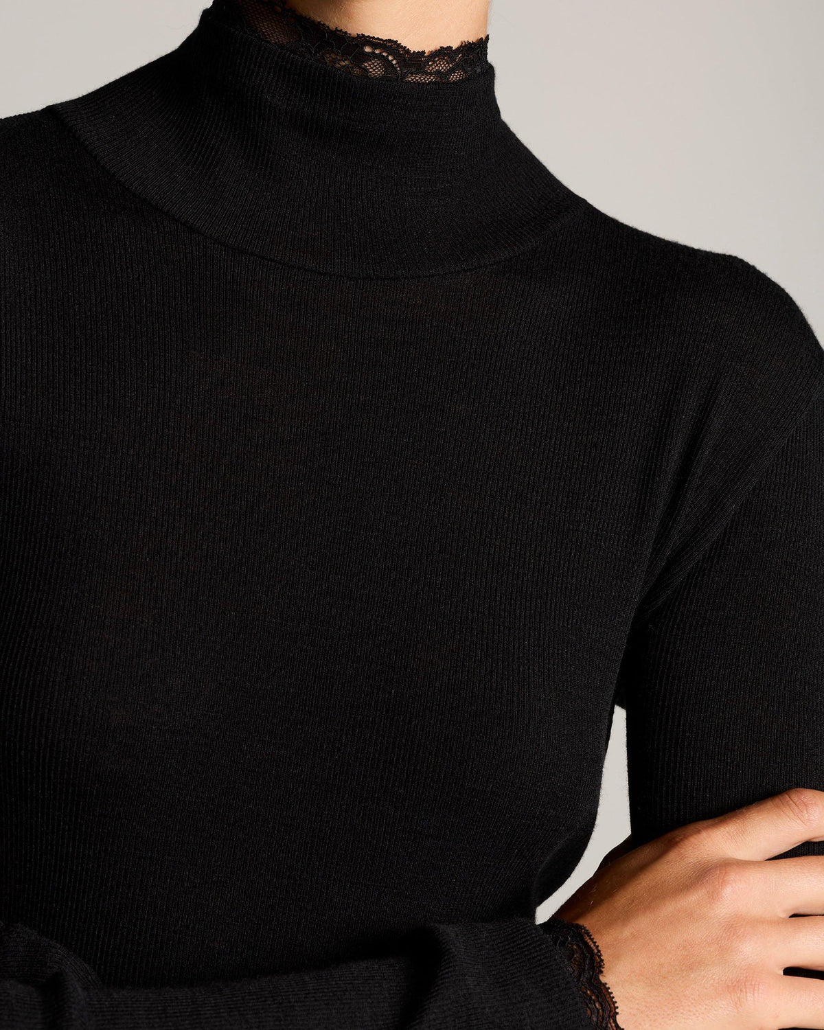 Long Sleeve Lace Trim Turtleneck in Black