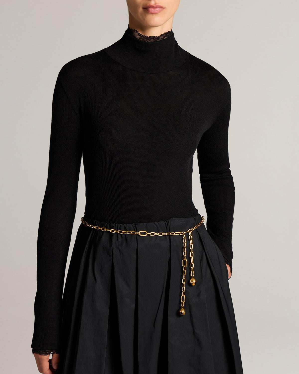 Long Sleeve Lace Trim Turtleneck in Black