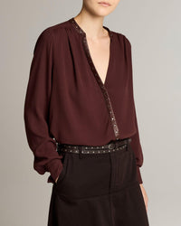 Gathered Long Sleeve Top in Black Fig