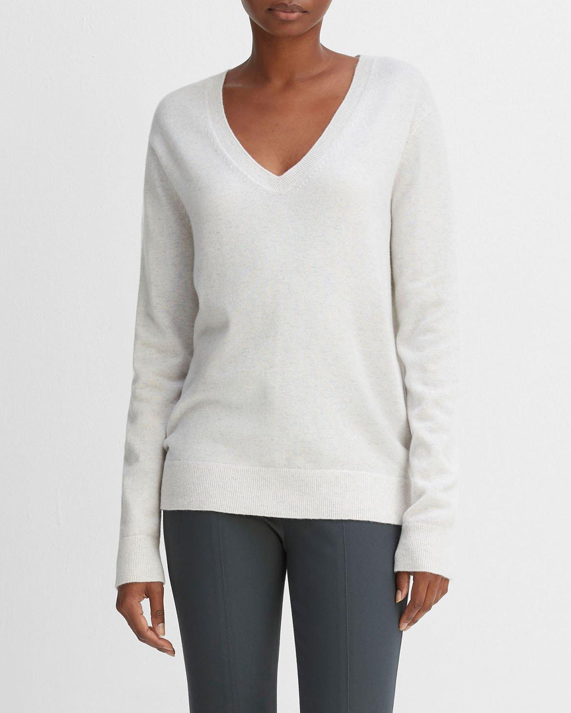 Casual V Neck Sweater in Heather White