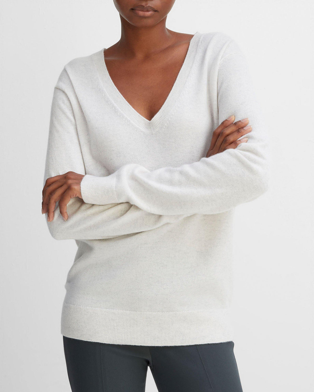 Casual V Neck Sweater in Heather White