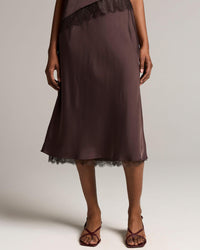 Lace Pull On Satin Slip Skirt in Iron