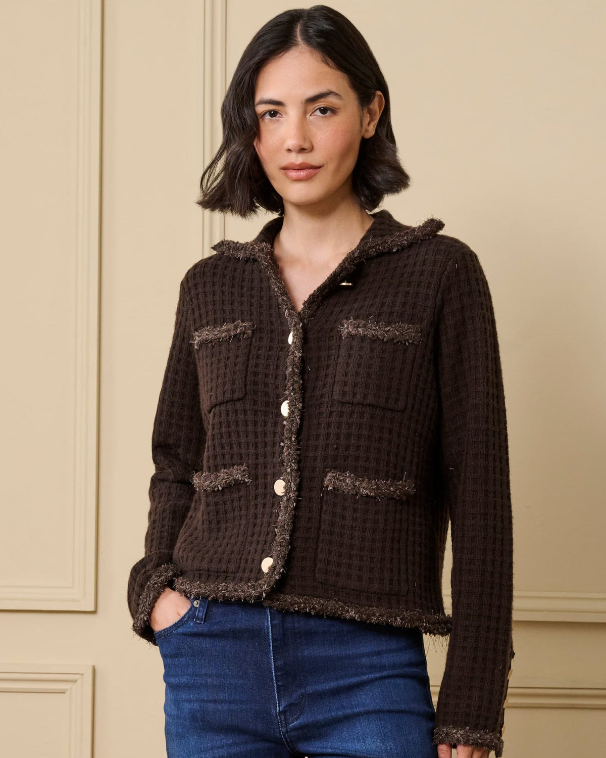 Knitted Jacket with Gold Buttons in Chocolate