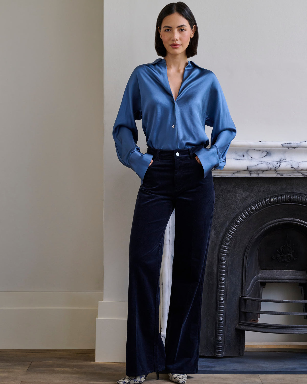 Bias Long Sleeve Blouse in Blue Slate