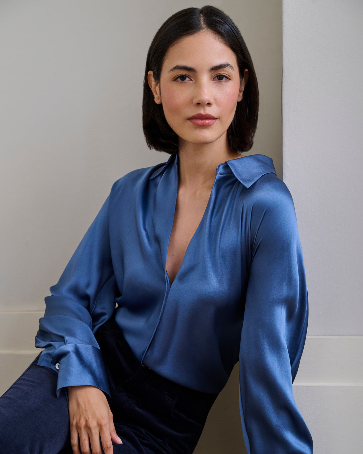 Bias Long Sleeve Blouse in Blue Slate