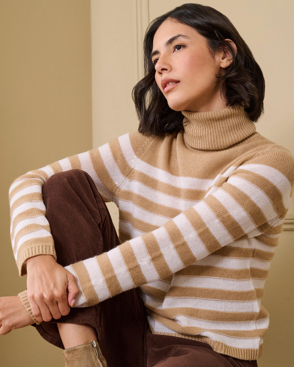 Stripe Roll Neck Sweater in Camel Cream