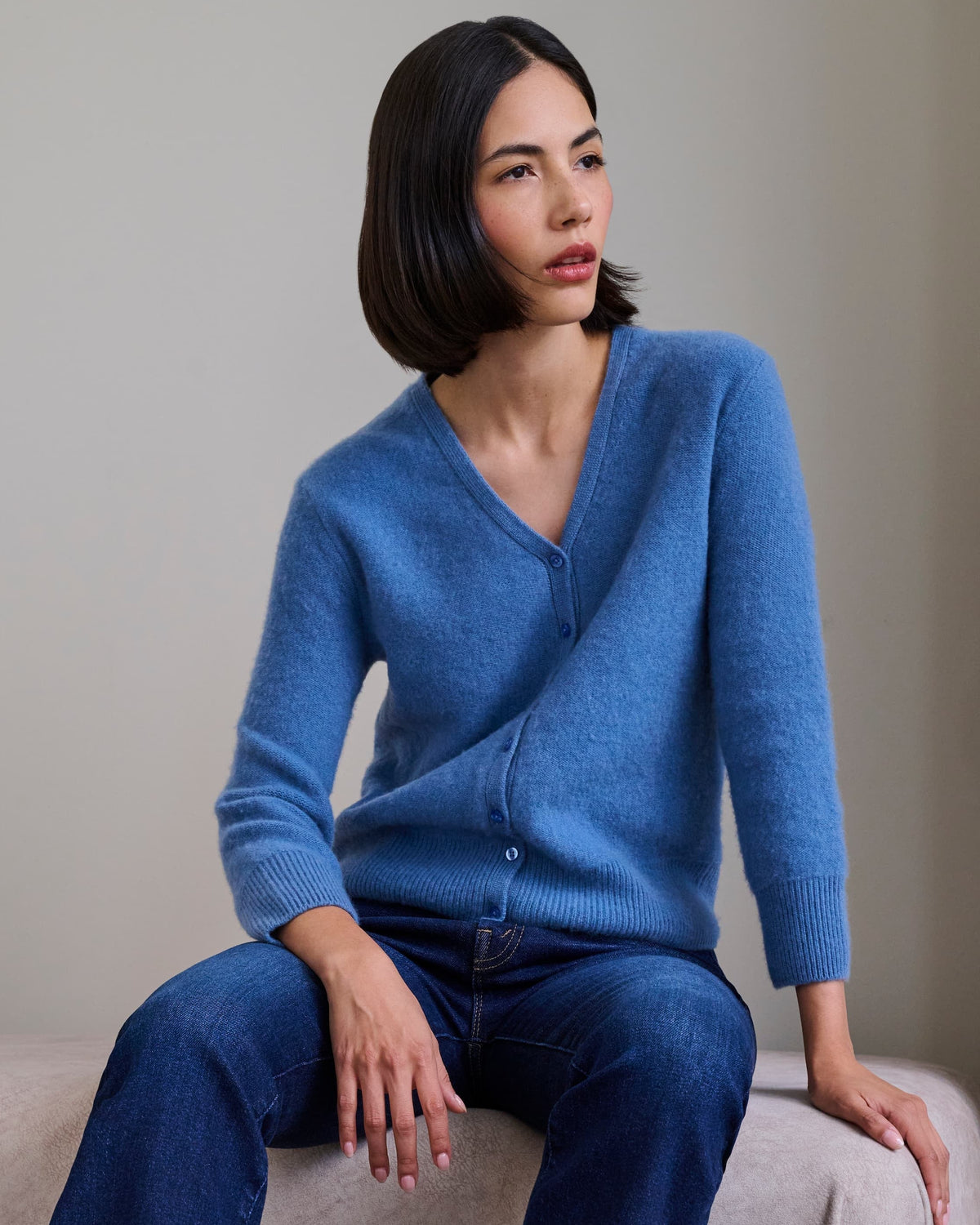 Boiled Long Sleeve V-Neck Cardigan in Blue Slate