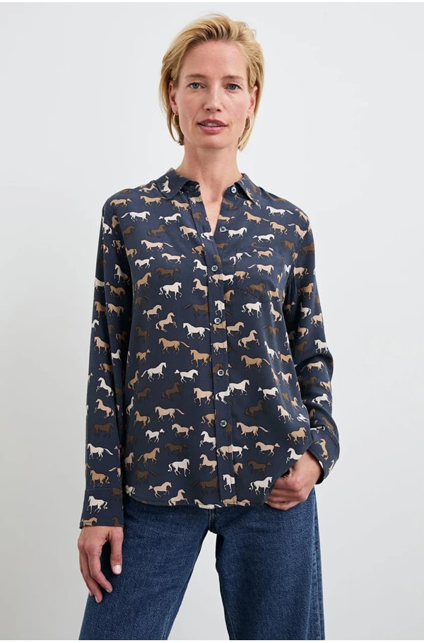 Rails Kate Horse Print Silk Button-up Shirt In Blue