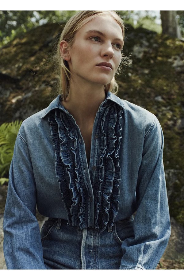 Citizens Of Humanity Jeans Ruffle Tuxedo Shirt In Alta In Blue