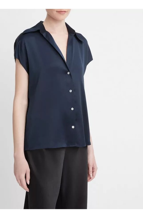 Vince Cap Sleeve Ruched Blouse In Coastal In Blue