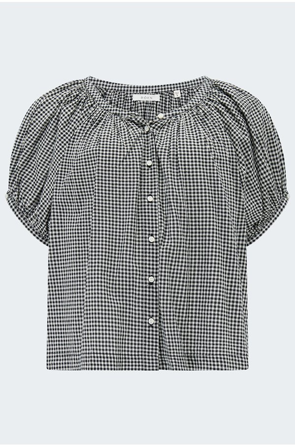 Doen June Gathered Checked Cotton Blouse In Gray