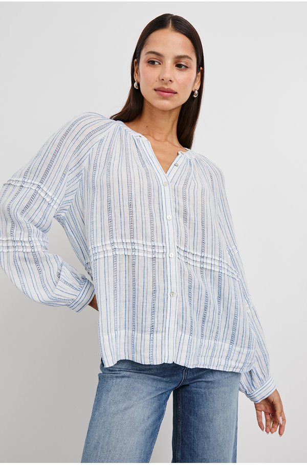 Rails Frances Stripe Linen Blend Button-up Shirt In Blue
