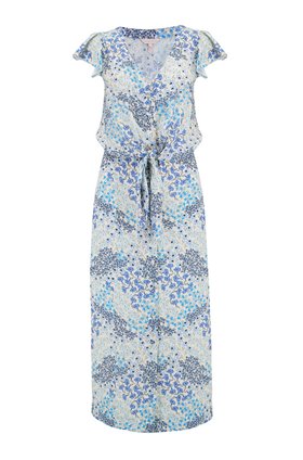 Rebecca Taylor Ava Tie Waist Dress in Cream and Blue Combo