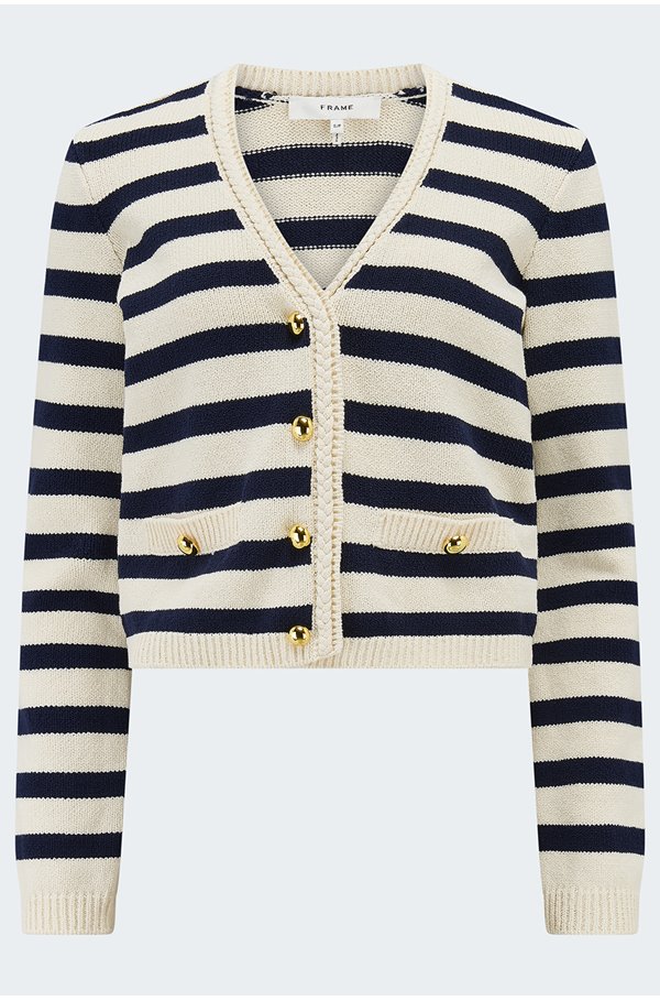Frame Womens Harbor Stripe-print Knitted Cotton-blend Cardigan Navy Multi