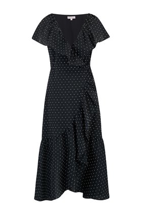 Rebecca Taylor Short Sleeve Birdseye Dot Wrap Dress in Black