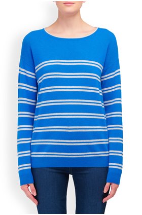 Cocoa Cashmere Crew Neck Stripe Jumper in Electric Blue and Grey