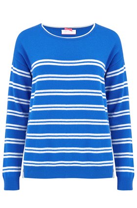 Cocoa Cashmere Crew Neck Stripe Jumper in Electric Blue and Grey