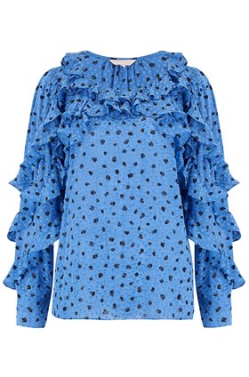 Rebecca Taylor Long Sleeve Dot Ruffle Top in True Blue