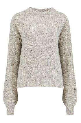 Autumn Cashmere Cashmere Bishop Sleeve Diamond Stitch Mock Jumper in Pebble