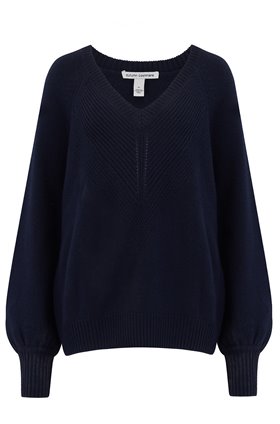 Autumn Cashmere Cashmere Blends Bishop Sleeve Mixed Stitch V Jumper in Peacoat