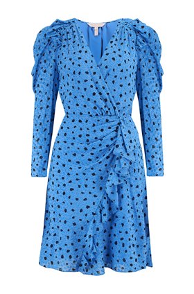 Rebecca Taylor LONG SLEEVE DOT WRAP DRESS IN TRUE BLUE