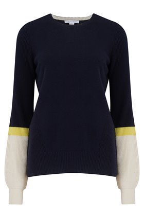 contrast sleeve jumper in jet, lemon sour and chalk
