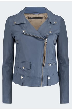 seattle thin leather biker jacket in airforce blue