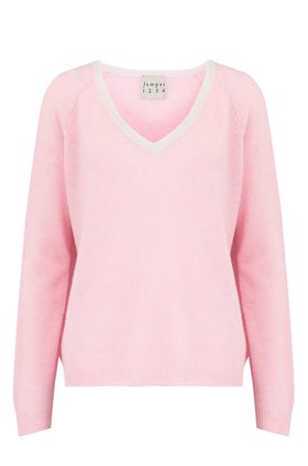 tipped loose v-neck jumper in pink marl and grey