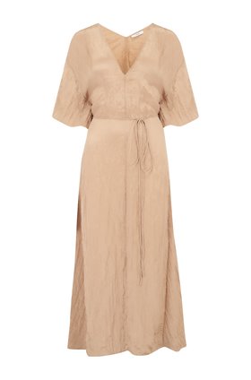 TEXTURED V-NECK DRESS IN SUN KHAKI