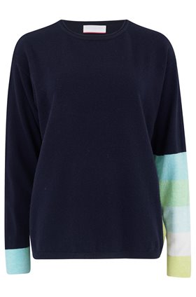 EXCLUSIVE KITTY STRIPE ARM JUMPER IN NAVY & CELERY