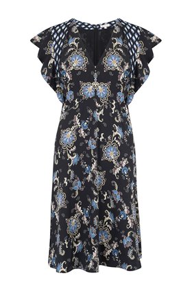 SLEEVELESS PAISLEY DRESS IN BLACK COMBO