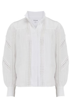 PANEL LACE BUTTON UP BLOUSE IN BLANC